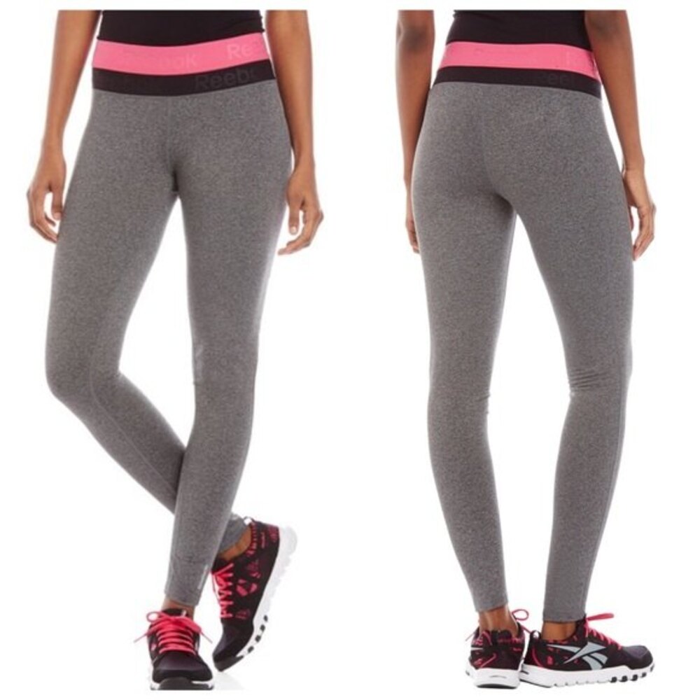 Reebok Gray Heathered Athletic Workout Leggings Pink Black Color Block Small